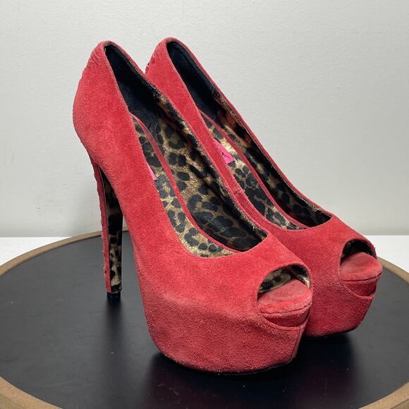 Betsey Johnson Brrea Red Suede Platform Stiletto Open Toe Pumps Women's Size 8 M - Picture 2 of 13